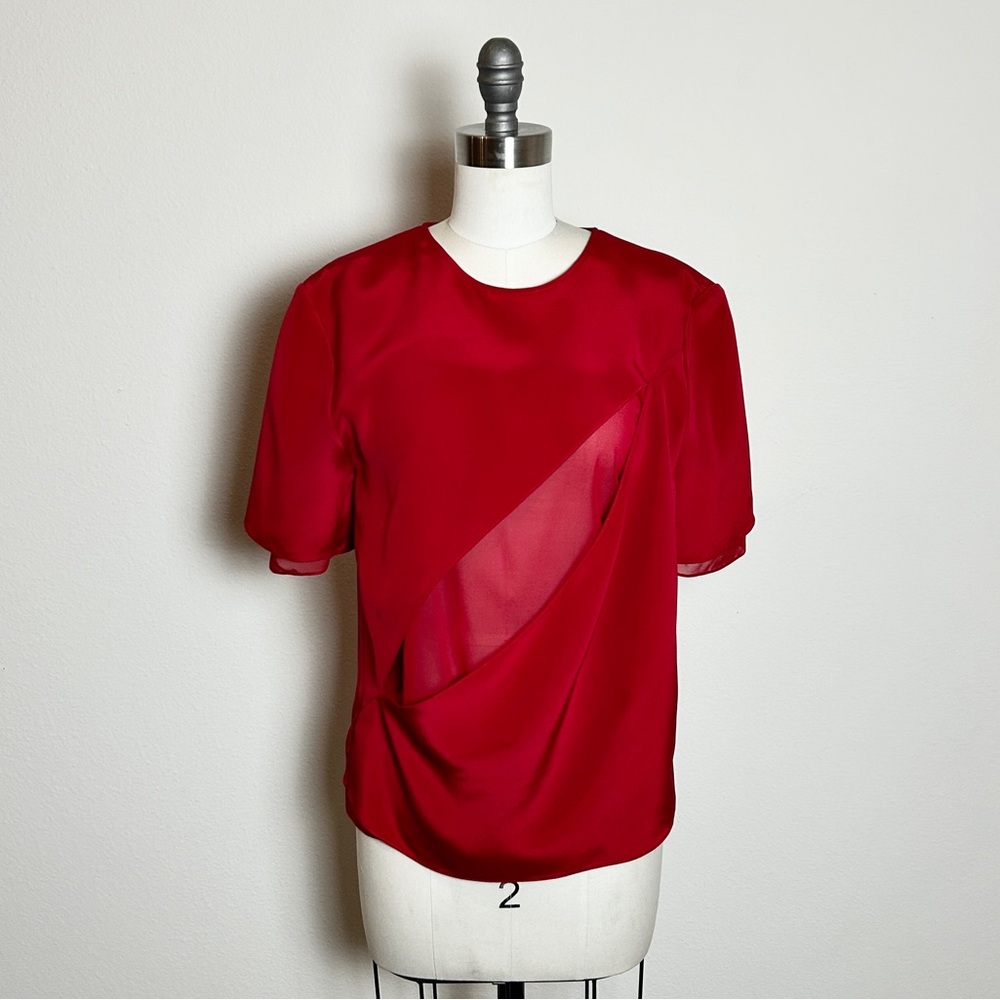 NWT Peter Do Red Sheer Silk Blouse Sheer Panel Short Sleeve Crew Neck XS